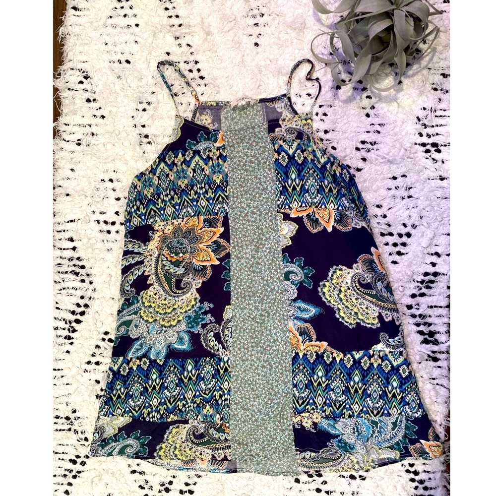 Umgee USA Blue Green Boho Floral Paisley Patch Print Cami Mini Dress Slip Cami
